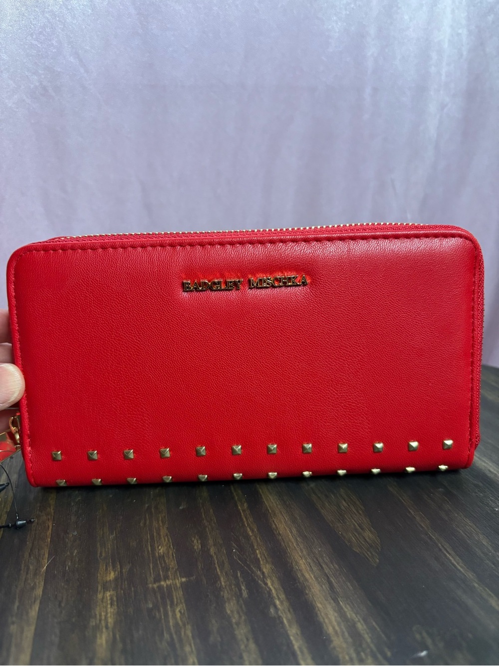 Badgley Mischka Red Zip Around Wallet with Gold Studs